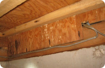 これは床下から撮った写真です。釘が錆びています。そして右側の方は土台に合板が掛かっていません。これもNGです。